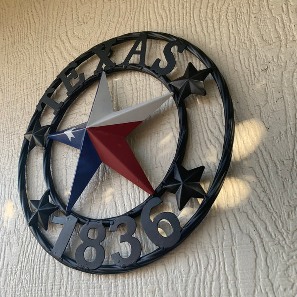 TEXAS FLAG STAR RED WHT BLUE STAR & BLACK RING METAL BARN LONE STAR WESTERN HOME DECOR HANDMADE NEW 12",18",24",36",50"