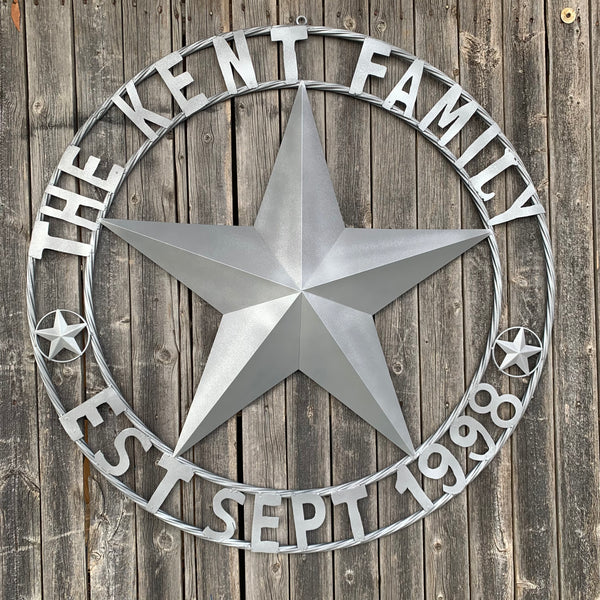 KENT STYLE CUSTOM STAR NAME BARN METAL STAR 3d TWISTED ROPE RING WESTERN HOME DECOR RUSTIC GREY SILVER HANDMADE 24",32",36",50"