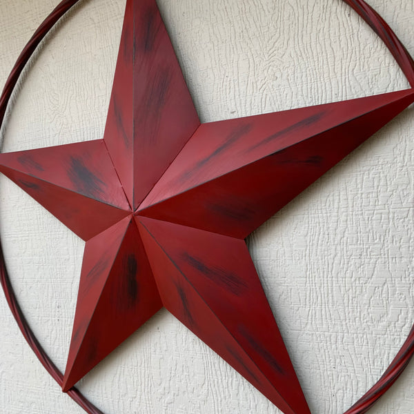 RED DISTRESSED STAR TWO TONE TEXTURE BARN STAR METAL LONESTAR TWISTED ROPE RING WESTERN HOME DECOR HANDMADE NEW