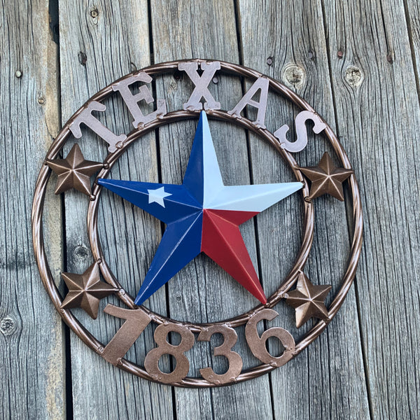 TEXAS FLAG STAR RED WHT BLUE STAR & BRONZE COPPER RING 1836 TEXAS METAL BARN LONE STAR WESTERN HOME DECOR HANDMADE NEW 12",18",24",32",36",50"
