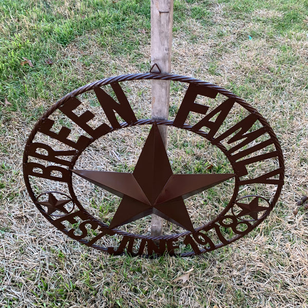 BREEN FAMILY STYLE CUSTOM NAME STAR BARN METAL STAR 3d TWISTED ROPE RING WESTERN HOME DECOR RUSTIC BROWN HANDMADE 24",32",36",50"