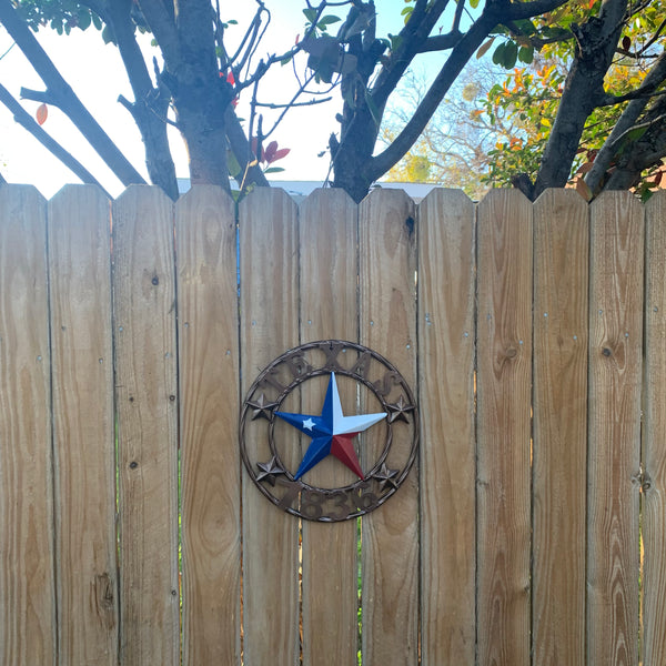 TEXAS FLAG STAR RED WHT BLUE STAR & BRONZE COPPER RING 1836 TEXAS METAL BARN LONE STAR WESTERN HOME DECOR HANDMADE NEW 12",18",24",32",36",50"