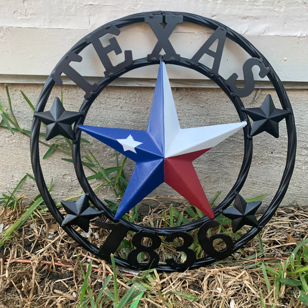 TEXAS FLAG STAR RED WHT BLUE STAR & BLACK RING METAL BARN LONE STAR WESTERN HOME DECOR HANDMADE NEW 12",18",24",36",50"