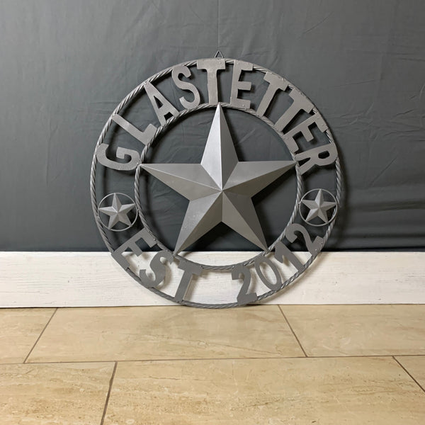 GLASTETTER STYLE YOUR CUSTOM NAME BARN STAR 3d METAL LONE STAR TWISTED ROPE RING WESTERN HOME DECOR RUSTIC GREY HANDMADE 24",32",36",50"