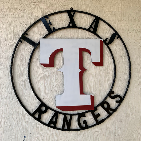 TEXAS RANGERS CUSTOM METAL VINTAGE CRAFT TEAM SIGN WHITE & RED WITH BLACK RING HANDMADE