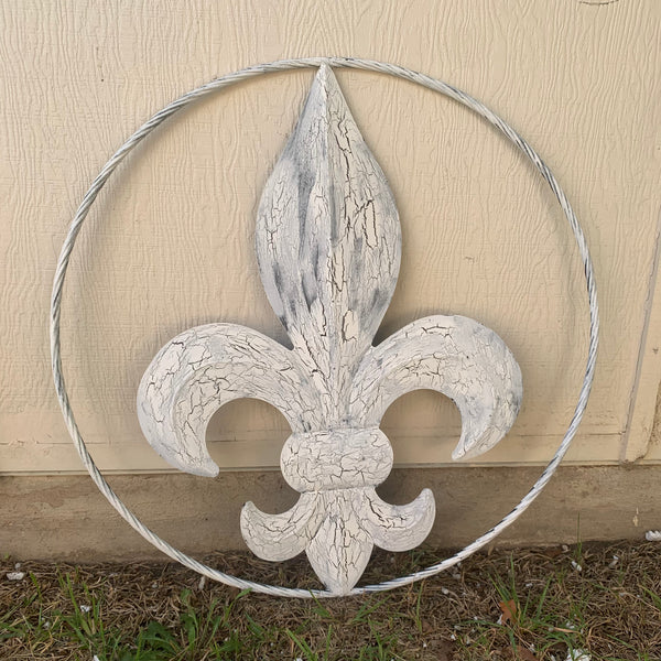 24",36" FLEUR DE LIS METAL CRACKLE WHITE WESTERN HOME DECOR HANDMADE WALL ART NEW