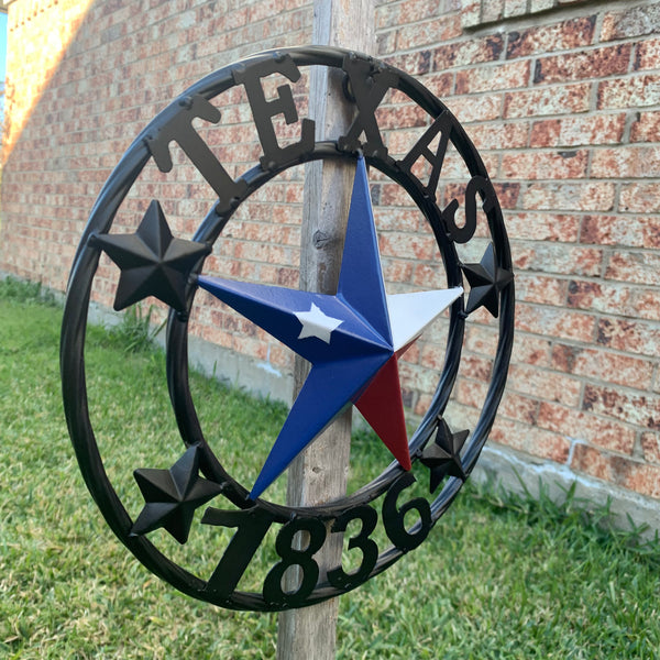 TEXAS FLAG STAR RED WHT BLUE STAR & BLACK RING METAL BARN LONE STAR WESTERN HOME DECOR HANDMADE NEW 12",18",24",36",50"