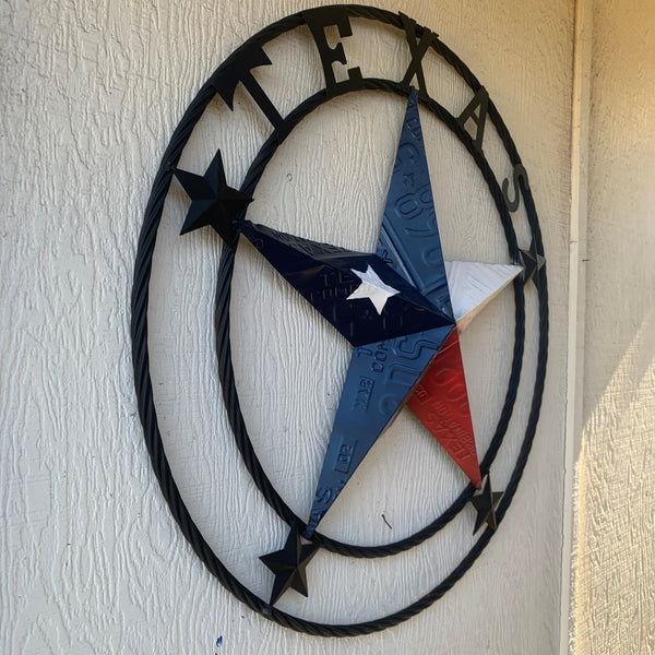 TEXAS LICENSE PLATE BARN STAR METAL LONE STAR TWISTED BLACK RING & LETTERS WESTERN HOME DECOR HANDMADE NEW