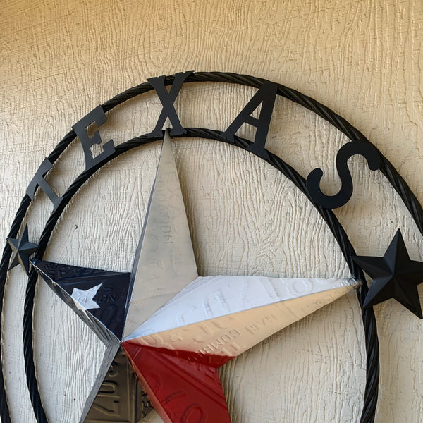 TEXAS LICENSE PLATE BARN STAR METAL LONE STAR TWISTED BLACK RING & LETTERS WESTERN HOME DECOR HANDMADE NEW