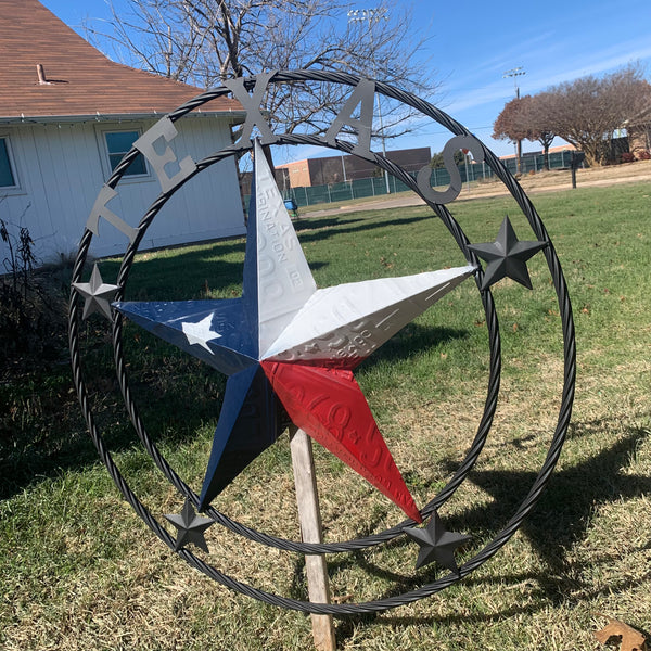 TEXAS LICENSE PLATE BARN STAR METAL LONE STAR TWISTED BLACK RING & LETTERS WESTERN HOME DECOR HANDMADE NEW