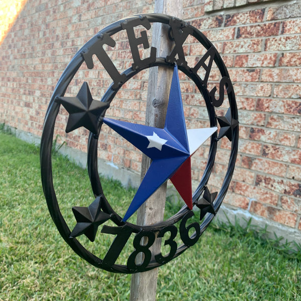 TEXAS FLAG STAR RED WHT BLUE STAR & BLACK RING METAL BARN LONE STAR WESTERN HOME DECOR HANDMADE NEW 12",18",24",36",50"