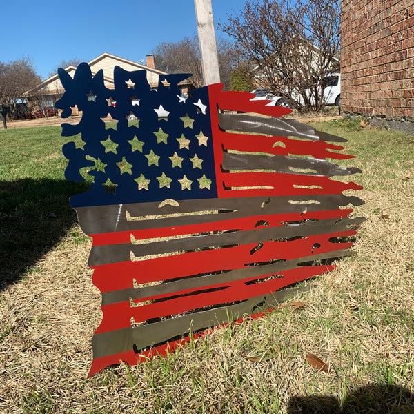 USA TATTERED AMERICAN FLAG METAL WALL ART WESTERN HOME DECOR HANDMADE NEW
