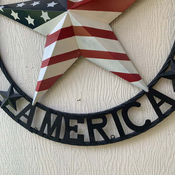 GOD BLESS AMERICA USA FLAG 3d STAR METAL BARN STAR LONE STAR TWISTED ROPE RING WALL ART WESTERN HOME DECOR RED WHITE & BLUE HANDMADE NEW #EH10490