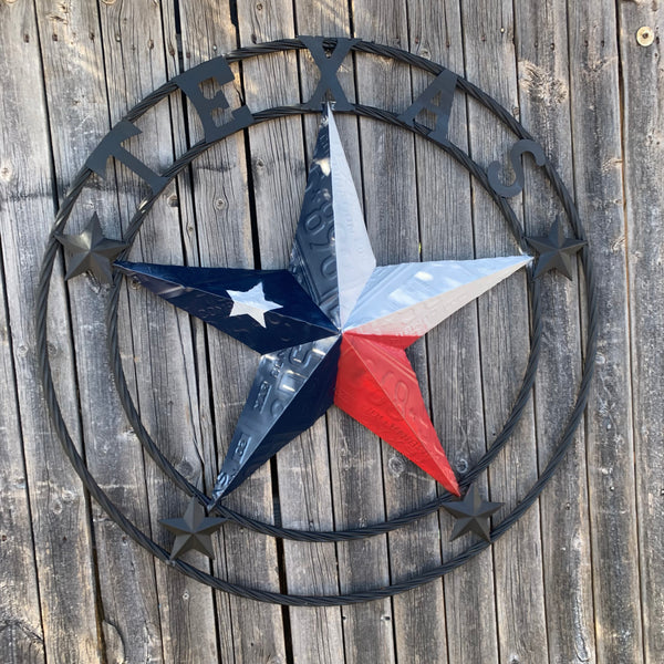 TEXAS LICENSE PLATE BARN STAR METAL LONE STAR TWISTED BLACK RING & LETTERS WESTERN HOME DECOR HANDMADE NEW