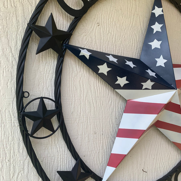 GOD BLESS AMERICA USA FLAG 3d STAR METAL BARN STAR LONE STAR TWISTED ROPE RING WALL ART WESTERN HOME DECOR RED WHITE & BLUE HANDMADE NEW #EH10490