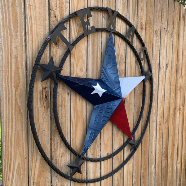 TEXAS LICENSE PLATE BARN STAR METAL LONE STAR TWISTED BLACK RING & LETTERS WESTERN HOME DECOR HANDMADE NEW