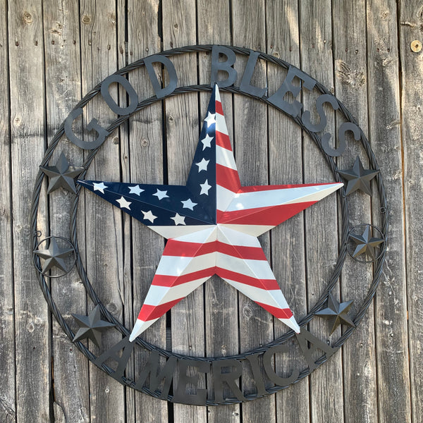 GOD BLESS AMERICA USA FLAG 3d STAR METAL BARN STAR LONE STAR TWISTED ROPE RING WALL ART WESTERN HOME DECOR RED WHITE & BLUE HANDMADE NEW #EH10490