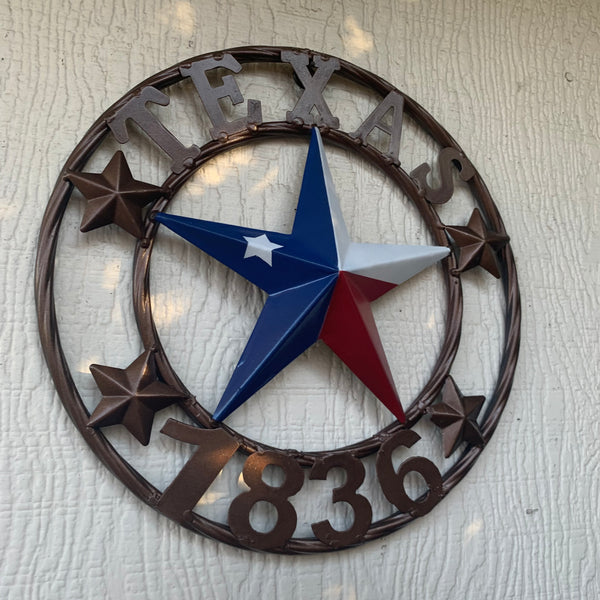 TEXAS FLAG STAR RED WHT BLUE STAR & BRONZE COPPER RING 1836 TEXAS METAL BARN LONE STAR WESTERN HOME DECOR HANDMADE NEW 12",18",24",32",36",50"