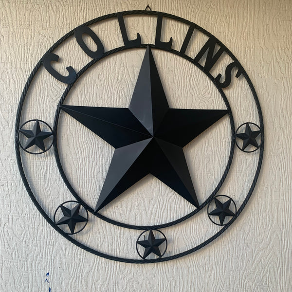 COLLINS STYLE CUSTOM STAR NAME BARN METAL STAR 3d TWISTED ROPE RING WESTERN HOME DECOR RUSTIC  BLACK HANDMADE 24",32",36",50"