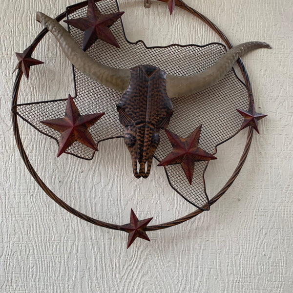 24" LONGHORNS & STARS METAL WALL ART SCULPTURE WESTERN HOME DECOR HANDMADE NEW