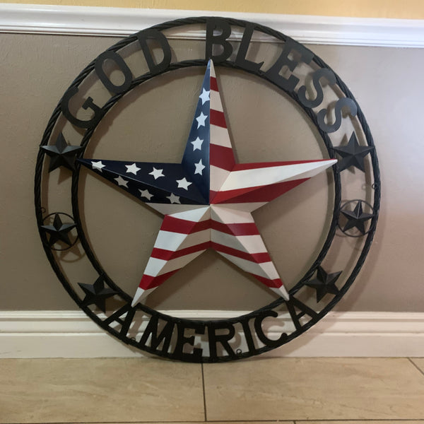 GOD BLESS AMERICA USA FLAG 3d STAR METAL BARN STAR LONE STAR TWISTED ROPE RING WALL ART WESTERN HOME DECOR RED WHITE & BLUE HANDMADE NEW #EH10490