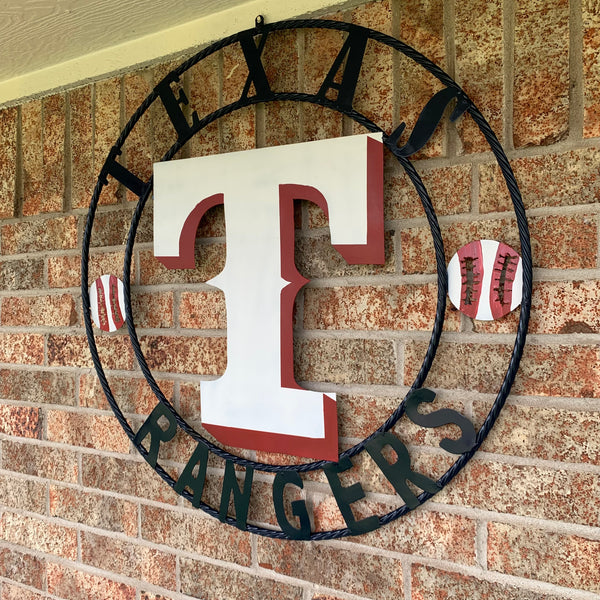 TEXAS RANGERS CUSTOM METAL VINTAGE CRAFT TEAM SIGN WHITE & RED & NAVY BLUE RING HANDMADE