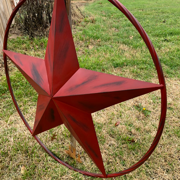 RED DISTRESSED STAR TWO TONE TEXTURE BARN STAR METAL LONESTAR TWISTED ROPE RING WESTERN HOME DECOR HANDMADE NEW