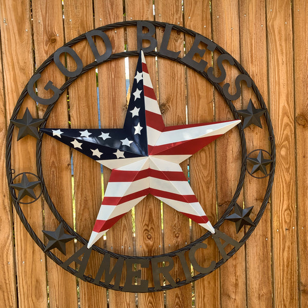 GOD BLESS AMERICA USA FLAG 3d STAR METAL BARN STAR LONE STAR TWISTED ROPE RING WALL ART WESTERN HOME DECOR RED WHITE & BLUE HANDMADE NEW #EH10490