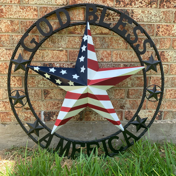 GOD BLESS AMERICA USA FLAG 3d STAR METAL BARN STAR LONE STAR TWISTED ROPE RING WALL ART WESTERN HOME DECOR RED WHITE & BLUE HANDMADE NEW #EH10490