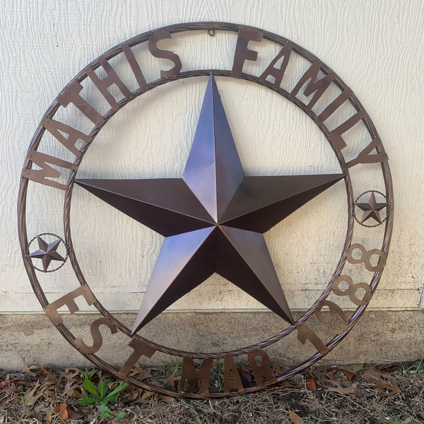 MATHIS STYLE CUSTOM STAR NAME BARN STAR METAL 3d STAR TWISTED ROPE RING WESTERN HOME DECOR RUSTIC BRONZE HANDMADE 24",32",36",50"