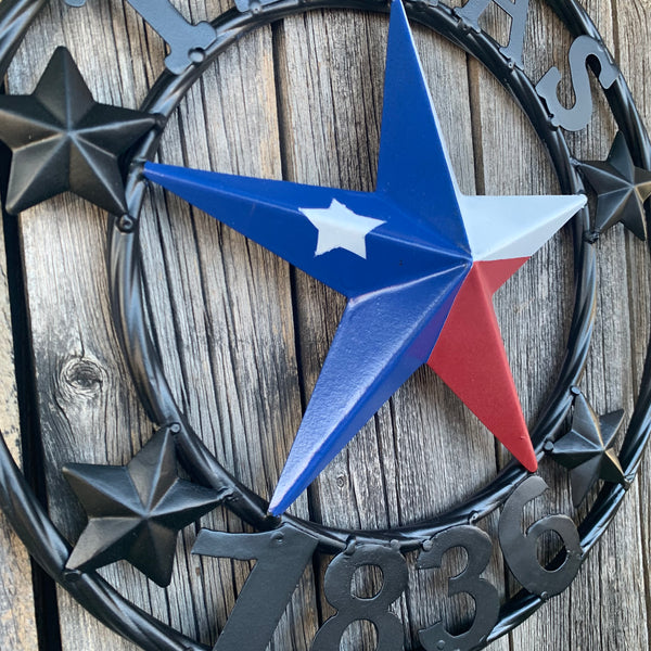 TEXAS FLAG STAR RED WHT BLUE STAR & BLACK RING METAL BARN LONE STAR WESTERN HOME DECOR HANDMADE NEW 12",18",24",36",50"