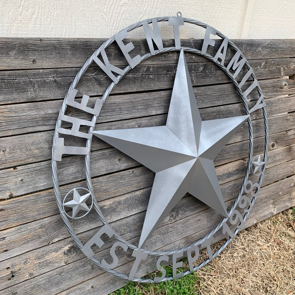 KENT STYLE CUSTOM STAR NAME BARN METAL STAR 3d TWISTED ROPE RING WESTERN HOME DECOR RUSTIC GREY SILVER HANDMADE 24",32",36",50"