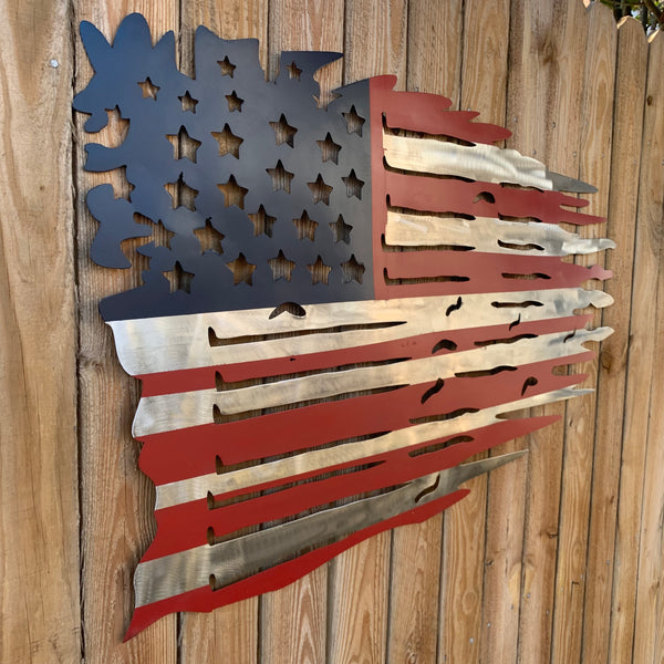 USA TATTERED AMERICAN FLAG METAL WALL ART WESTERN HOME DECOR HANDMADE NEW