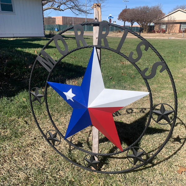 MORRISS TEXAS FLAG STYLE CUSTOM NAME STAR TWISTED ROPE BLACK RING WESTERN HOME DECOR HANDMADE