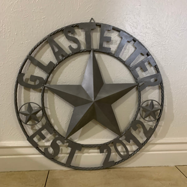 GLASTETTER STYLE YOUR CUSTOM NAME BARN STAR 3d METAL LONE STAR TWISTED ROPE RING WESTERN HOME DECOR RUSTIC GREY HANDMADE 24",32",36",50"