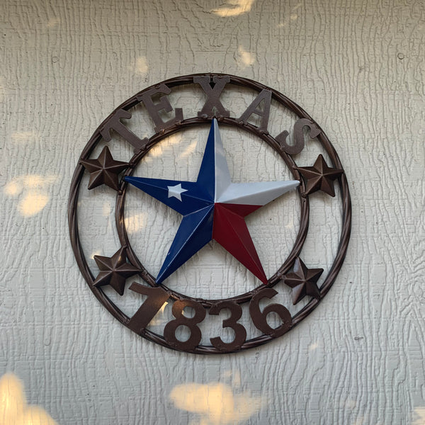 TEXAS FLAG STAR RED WHT BLUE STAR & BRONZE COPPER RING 1836 TEXAS METAL BARN LONE STAR WESTERN HOME DECOR HANDMADE NEW 12",18",24",32",36",50"