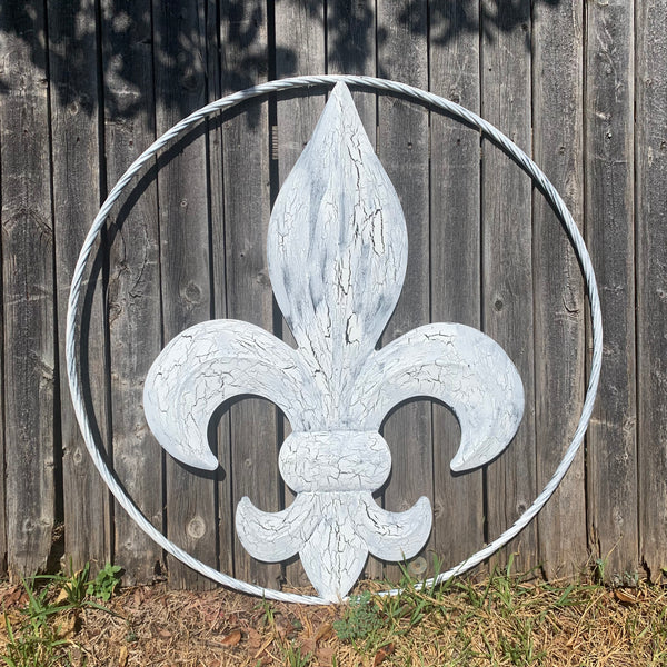 24",36" FLEUR DE LIS METAL CRACKLE WHITE WESTERN HOME DECOR HANDMADE WALL ART NEW