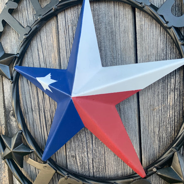 TEXAS FLAG STAR RED WHT BLUE STAR & BLACK RING METAL BARN LONE STAR WESTERN HOME DECOR HANDMADE NEW 12",18",24",36",50"