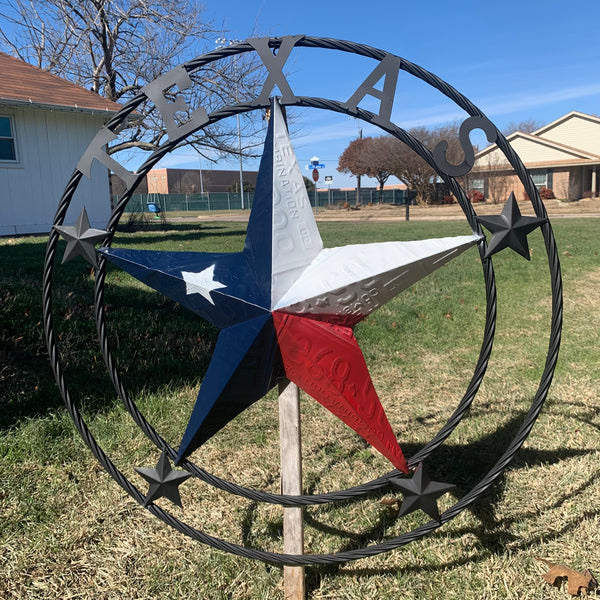 TEXAS LICENSE PLATE BARN STAR METAL LONE STAR TWISTED BLACK RING & LETTERS WESTERN HOME DECOR HANDMADE NEW