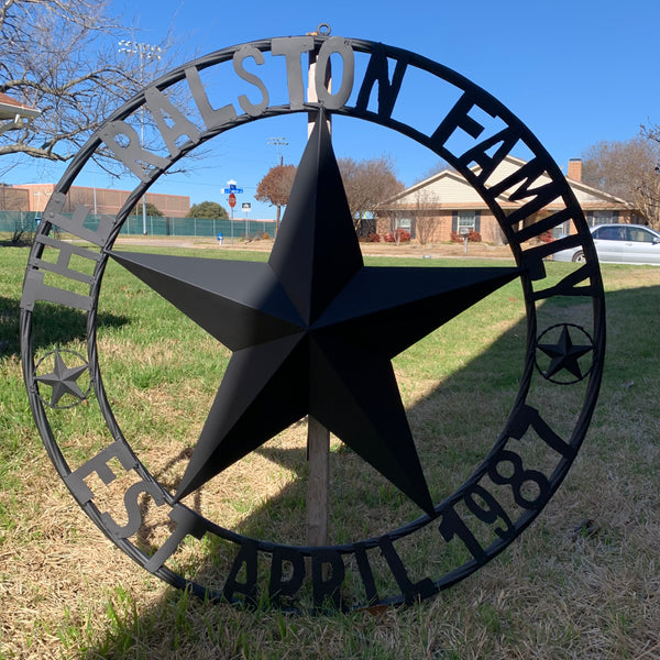 RALSTON FAMILY STYLE CUSTOM NAME STAR BARN METAL STAR 3d TWISTED ROPE RING WESTERN HOME DECOR RUSTIC BLACK HANDMADE 24",32",36",50"