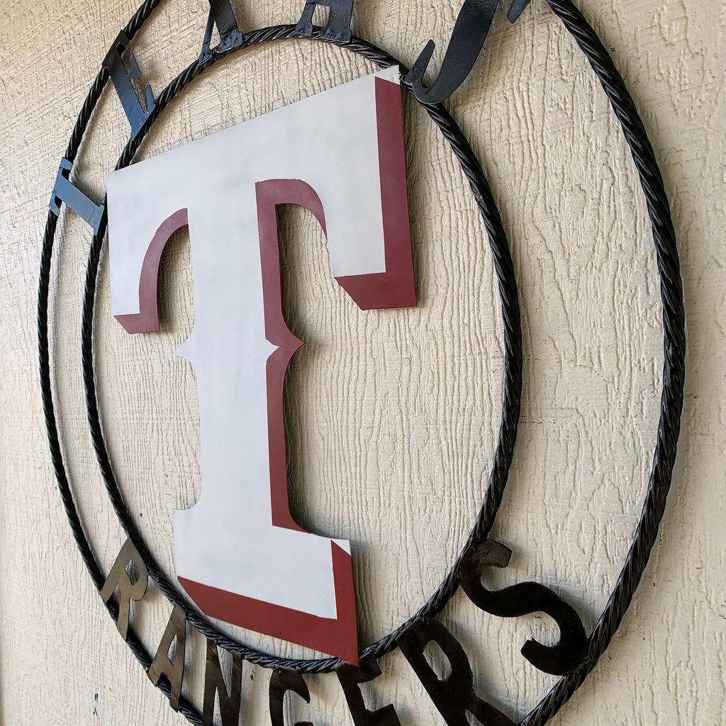 Metal Ranger Sign TEXAS RANGERS CUSTOM METAL VINTAGE CRAFT TEAM SIGN WHITE & RED WITH BL ...