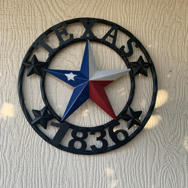 TEXAS FLAG STAR RED WHT BLUE STAR & BLACK RING METAL BARN LONE STAR WESTERN HOME DECOR HANDMADE NEW 12",18",24",36",50"