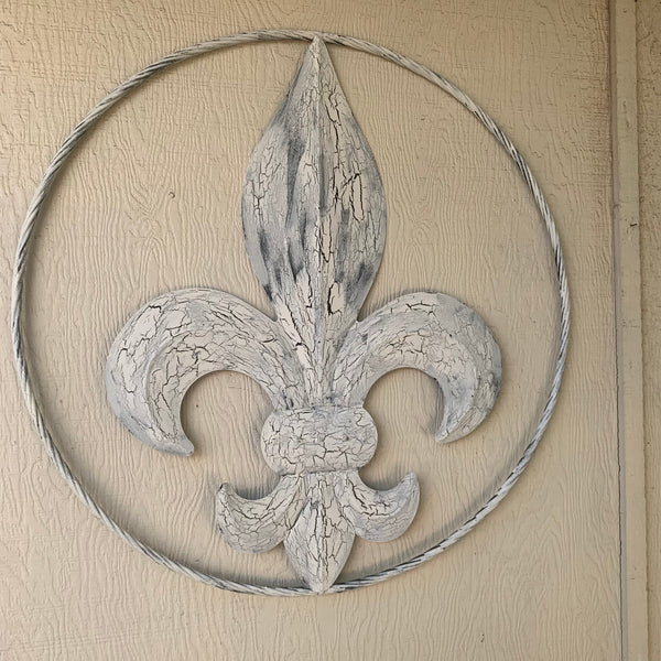 24",36" FLEUR DE LIS METAL CRACKLE WHITE WESTERN HOME DECOR HANDMADE WALL ART NEW