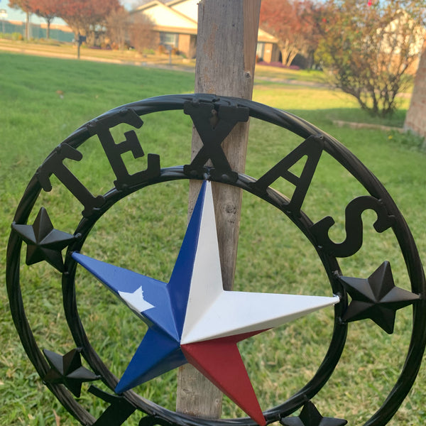 TEXAS FLAG STAR RED WHT BLUE STAR & BLACK RING METAL BARN LONE STAR WESTERN HOME DECOR HANDMADE NEW 12",18",24",36",50"