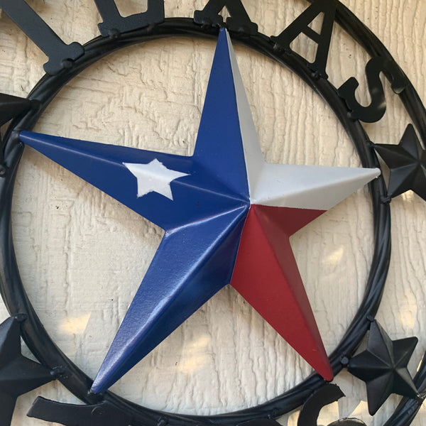 TEXAS FLAG STAR RED WHT BLUE STAR & BLACK RING METAL BARN LONE STAR WESTERN HOME DECOR HANDMADE NEW 12",18",24",36",50"