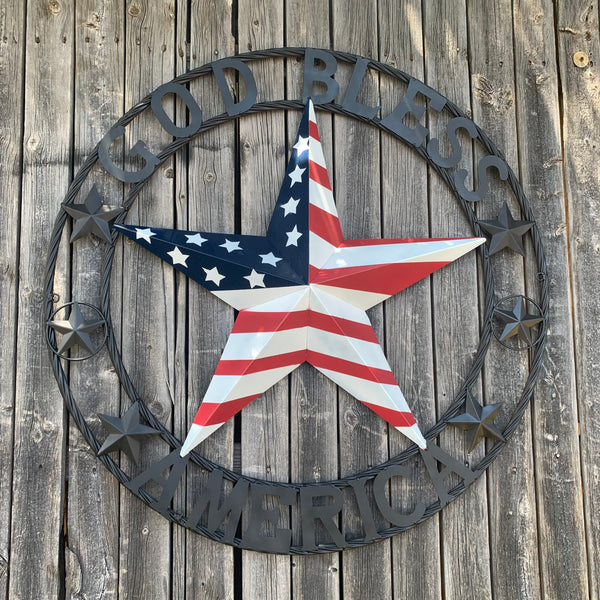 GOD BLESS AMERICA USA FLAG 3d STAR METAL BARN STAR LONE STAR TWISTED ROPE RING WALL ART WESTERN HOME DECOR RED WHITE & BLUE HANDMADE NEW #EH10490