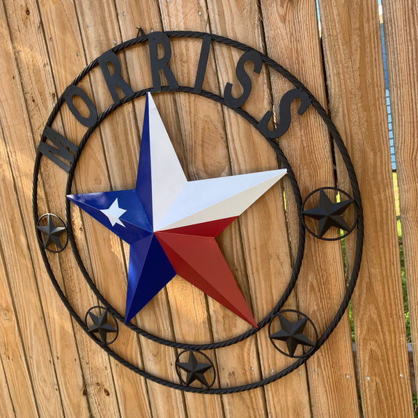 MORRISS TEXAS FLAG STYLE CUSTOM NAME STAR TWISTED ROPE BLACK RING WESTERN HOME DECOR HANDMADE