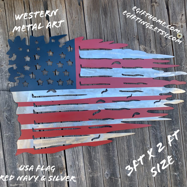 USA TATTERED AMERICAN FLAG METAL WALL ART WESTERN HOME DECOR HANDMADE NEW