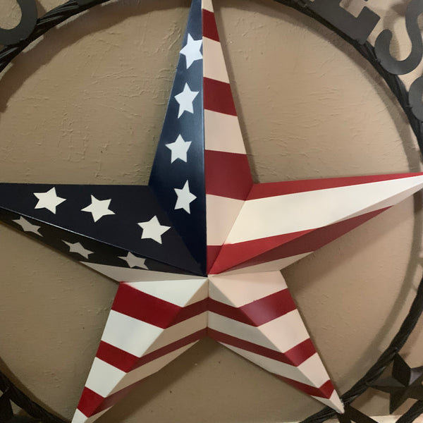 GOD BLESS AMERICA USA FLAG 3d STAR METAL BARN STAR LONE STAR TWISTED ROPE RING WALL ART WESTERN HOME DECOR RED WHITE & BLUE HANDMADE NEW #EH10490