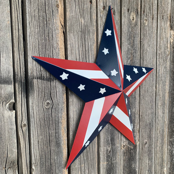 #EH11753 USA BARN STAR AMERICAN FLAG STAR RED WHITE & BLUE METAL STAR HANDMADE NEW 12",24",30"
